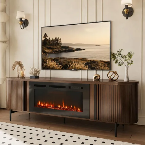 Miniatura 9 de Soporte de TV de lujo de 70 pulgadas con chimenea, moderno soporte de TV de mediados de siglo, centro de entretenimiento para televisores de hasta