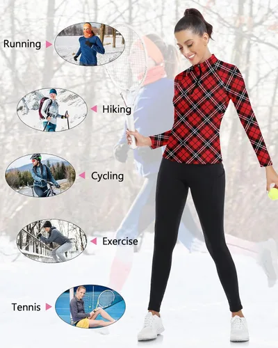 Miniatura 204 de WOWENY Camiseta deportiva de manga larga para mujer, con cremallera de un cuarto, cuello para entrenamiento, camiseta de tenis con estampado