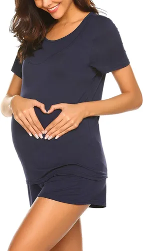 Miniatura 4 de Ekouaer - Conjunto de pijama de maternidad para el hospital o el hogar, con camiseta para lactancia y pantalón corto ajustable para el embarazo