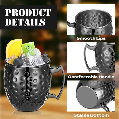 Miniatura 3 de Hoolerry 12 tazas Moscow Mule de acero inoxidable negro a granel Moscú chapado en cobre tazas con asa de 12 onzas con acabado martillado taza