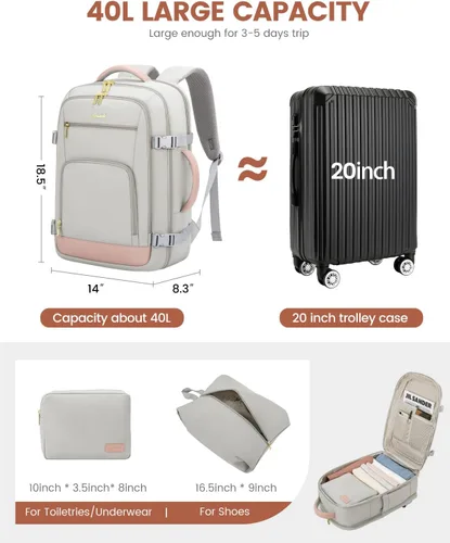 Miniatura 4 de LOVEVOOK Mochila de viaje para mujeres y hombres, Rosa-gris, Mochilas de viaje