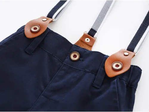 Miniatura 4 de Juego de 2 piezas de ropa de bebé de algodón para caballero, camisa de manga corta + corbatín + tirantes cortos
