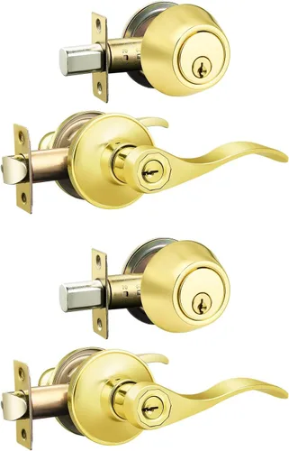 Miniatura 18 de Juego de 3 Palancas de Puerta con Llave Igual con Pestillo de Cilindro Único, Palanca de Puerta con Pestillo Reversible Estilo Onda Níquel Satinado