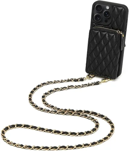 Miniatura 9 de LAMEEKU Funda Cartera para iPhone 15 Pro, Bolso Cartera Cruzada con Portarjetas, Correa de Muñeca de Cuero Acolchado con Cremallera y Bloqueo RFID