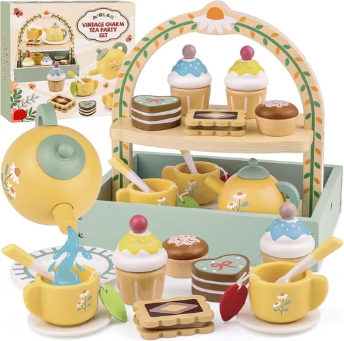 Juegos de té de madera para niñas pequeñas, alimentos de juego, juguetes de pastel, cocina para niños pequeños de 3 a 5 años, accesorios de cocina,