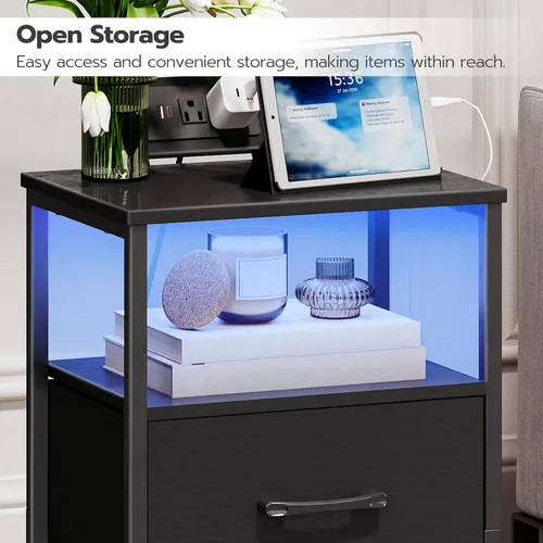 Miniatura 6 de HOOBRO Mesita de noche con estación de carga, mesita de noche con luces LED y 2 cajones de tela, mesa auxiliar con 2 salidas de CA y puerto USB