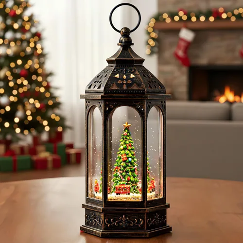 Miniatura 21 de Gnomos de Navidad de 10 pulgadas, linterna de globo de nieve iluminada, caprichoso árbol de Navidad y elfo escandinavo, linterna de agua musical