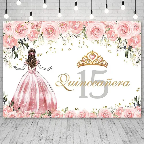 Miniatura 9 de Sendy Telón de fondo de quinceañera de 15 cumpleaños para niñas, vestido azul, corona de princesa, fondo de fotografía, flores azules y zapatos