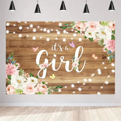 Fondo para baby shower con texto en inglés "It's a Girl" para baby shower, acuarela, rosa, floral, madera rústica, fondo de fotografía de mariposa,