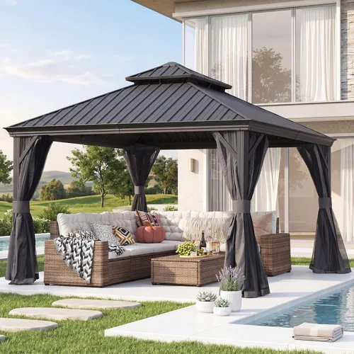 Miniatura 32 de Domi - Cenador permanente de metal con techo rígido de 8 x 8 pies, con doble techo de acero galvanizado, cortinas y malla para fiestas, bodas, Gris