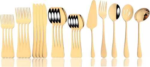Miniatura 12 de JASHII Juego de cubiertos de 25 piezas con tenedor y cuchara con utensilios para servir para 4, cubiertos de acero inoxidable de grado alimenticio