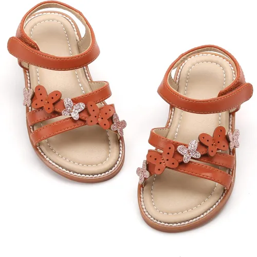 Felix & Flora Sandalias para niña pequeña - Zapatos de vestir para niña de flores, puntera abierta, zapatos planos de verano para niños pequeños