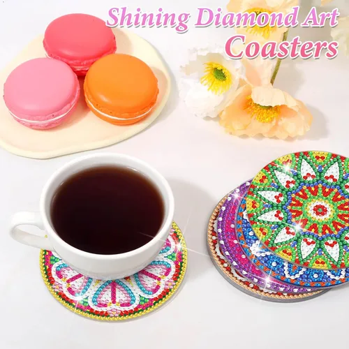 Miniatura 7 de Billbotk Kit de posavasos de pintura de diamantes, 10 posavasos de arte de diamantes con mandala, con soporte, manualidades y manualidades