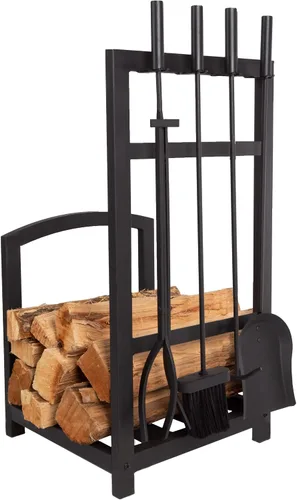 Miniatura 7 de Lavish Home - Juego de herramientas para chimenea de 5 piezas y estante de troncos, soporte para leña estilo misión con pala, escoba, pinzas y póker