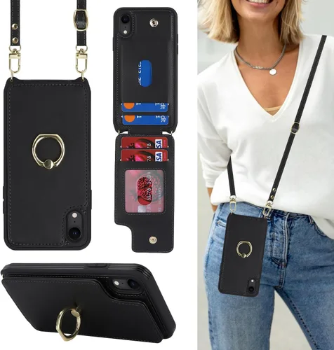Miniatura 14 de Lipvina para iPhone 11 Pro Funda para teléfono con tarjetero y correa para mujeres, cordón cruzado, soporte de anillo con patas, cierre de presión