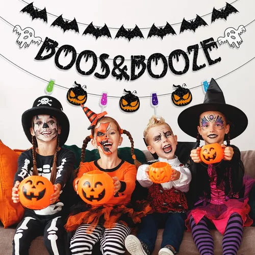 Miniatura 2 de Pancarta Pre-Ensartada de Boos y Bebidas Alcohólicas, Decoraciones de Halloween, Pancarta de Fantasma Murciélago Brujas para Decoración de Fiesta