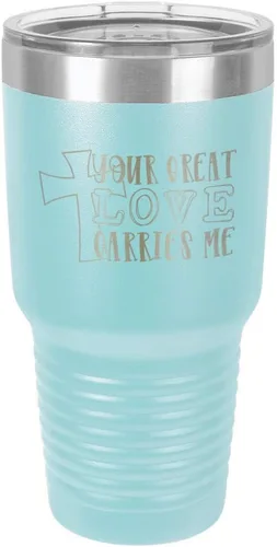 Miniatura 13 de Taza de viaje de acero con recubrimiento de polvo grabado con láser, con grabado de 30 oz con texto en inglés "Your Love Carries" y texto "Mis