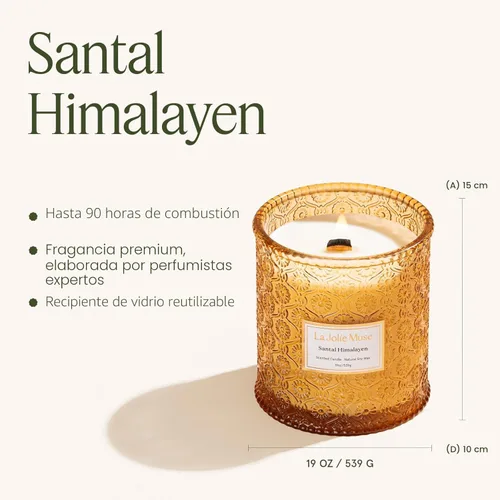 Miniatura 5 de LA JOLIE MUSE Wood Wick - Velas de cera de soya con aroma a sándalo de 19.4 onzas en frasco de vidrio, mecha de madera, grande, 90 horas de Santal