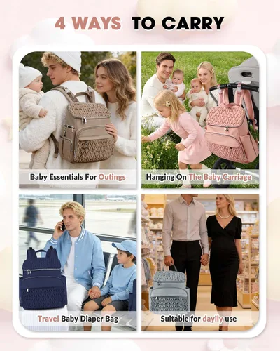 Miniatura 6 de Mochila para pañales, bolsa de bebé grande para niñas y niños, mochila de pañales de viaje con bolsillo aislado, bonita bolsa de pañales con correas