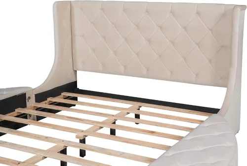 Miniatura 7 de Cama de plataforma tapizada tamaño Queen, muebles de dormitorio, marco de cama de madera de pino con cajón, taburetes de almacenamiento laterales