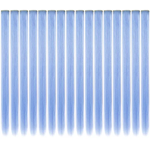 Miniatura 7 de 16 extensiones de cabello de colores con clip para fiestas, 21 pulgadas, lacio, sintético, extensiones de cabello azul claro para niñas y mujeres