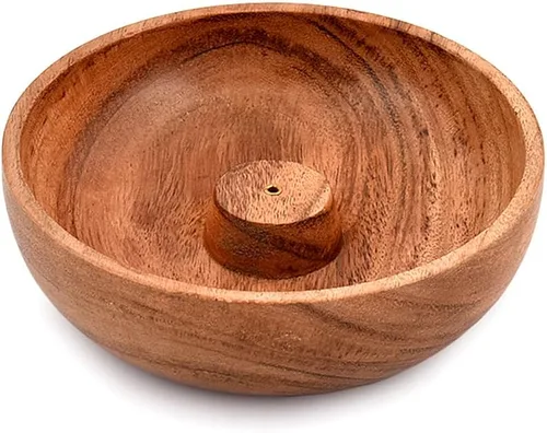 Samhita Soporte redondo de madera de acacia, quemador de incienso, para cenizas y adorno de aromaterapia para decoración del hogar (5 x 5 x 1.5