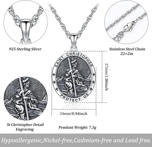 Miniatura 54 de Odinstone Collar de plata de ley 925 con medalla de San Miguel/San Cristóbal/San Benito/Crucifijo de Jesús/San Uriel/Arcángel Rafael para hombres