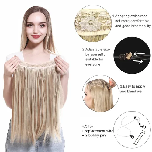 Miniatura 5 de SARLA Extensiones de cabello con alambre invisible de reflejos cortos rectas postizos sintéticos diadema transparente ajustable para mujeres 14