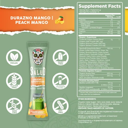 Miniatura 2 de Salud - Paquete de 2 paquetes de mezcla de bebidas verdes 2 en 1 en polvo + superalimentos, durazno mango y fresa lima, 15 porciones cada una, más
