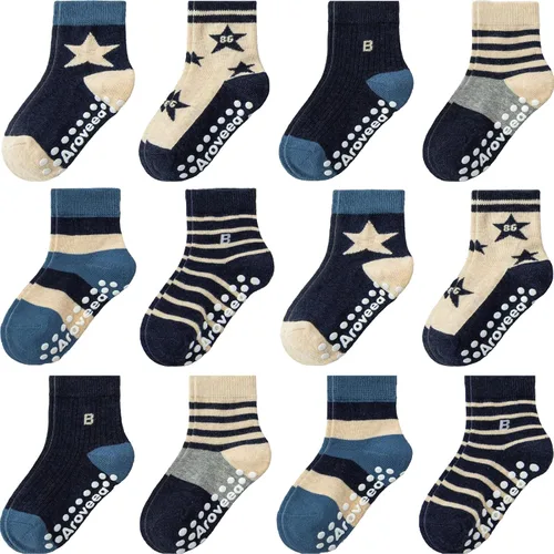 Miniatura 32 de Calcetines antideslizantes con agarre para tobillos, paquete de 12 unidades para niños pequeños, niños y niñas, lindos calcetines de algodón