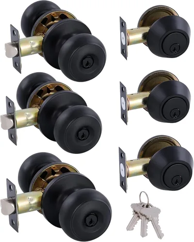 Miniatura 8 de Paquete de 2 pomos de puerta idénticos con llave, cerrojo de seguridad de un solo cilindro, pomos clásicos de níquel satinado para puerta exterior