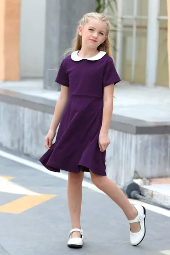 Miniatura 5 de GORLYA Vestido de fiesta casual de manga corta para niña con cuello Peter Pan ajustado y acampanado con bolsillos, 4-12 años