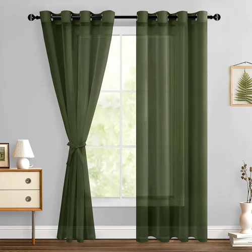 Miniatura 69 de Hiasan - Cortinas traslúcidas de gasa cortas semitransparentes con ojales y alzapaños filtrantes de luz para ventana, dormitorio, baño, 2 paneles