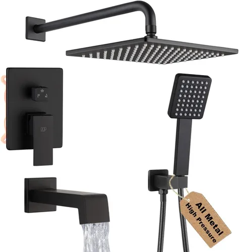 Miniatura 15 de Juego de llave de ducha en negro mate con caño de bañera, sistema de cabezal de ducha de lluvia de 8 pulgadas para baño con llave de mano de una