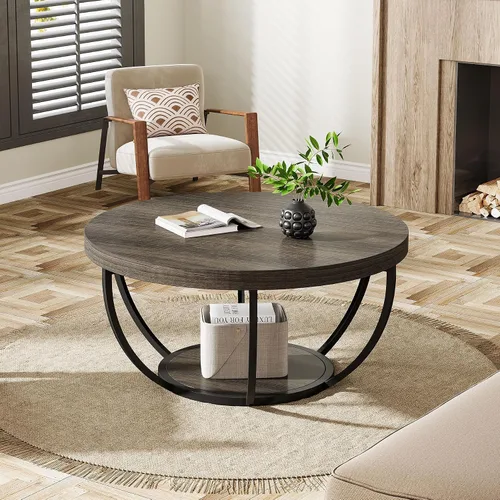 Miniatura 3 de Tribesigns Mesa de Centro Redonda, 31.7" Mesa de Centro Circular de Madera de 2 Niveles con Estantes de Almacenamiento, Mesa de Cóctel de Acento