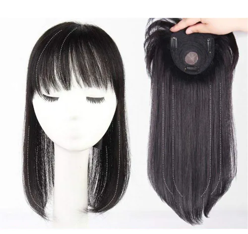 Miniatura 3 de Clip en cabello humano real con flequillo, hecho a mano, corona para cabello fino, 6 pulgadas, marrón oscuro