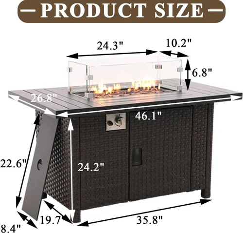 Miniatura 5 de Mesa para fogata de propano, 46 pulgadas, con certificación ETL de 55,000 BTU, mesa de gas para exteriores con protector de viento de vidrio y rocas