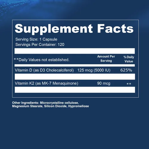 Miniatura 8 de Suplemento Opti + D3/K2 Suplemento para la salud ósea, el bienestar cardiovascular y el apoyo inmunológico* Vitamina D3 K2 apoyo diario 120