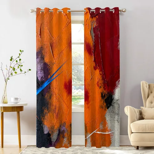 Miniatura 168 de Shrahala Beige and Orange Abstract Art Brushstrokes Blackout Curtain Tiers, Abstract Oil Paint Kitchen Valance Light Blocking Tier Drapes with Rod