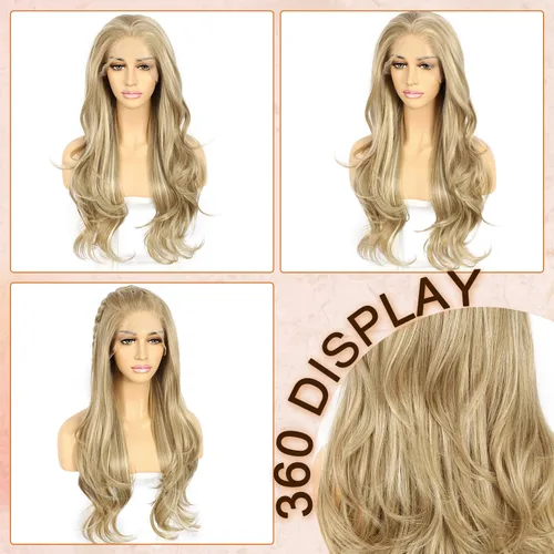 Miniatura 4 de SAPPHIREWIGS Peluca rubia con encaje frontal, pelucas largas y onduladas para mujer, pelucas de color rubio ceniza, resistentes al calor, para Mix