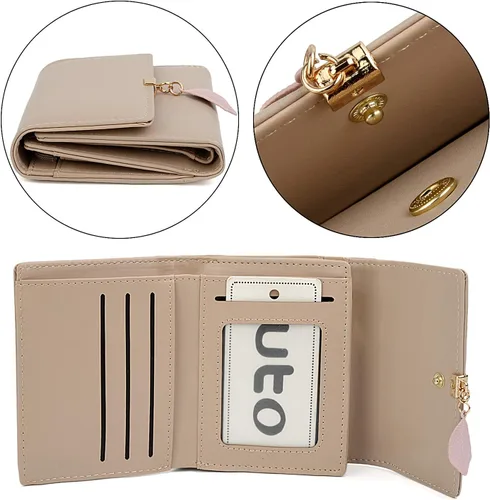Miniatura 4 de UTO - Cartera pequeña RFID de piel sintética con dije de hoja, cierre de cremallera y tarjetero.