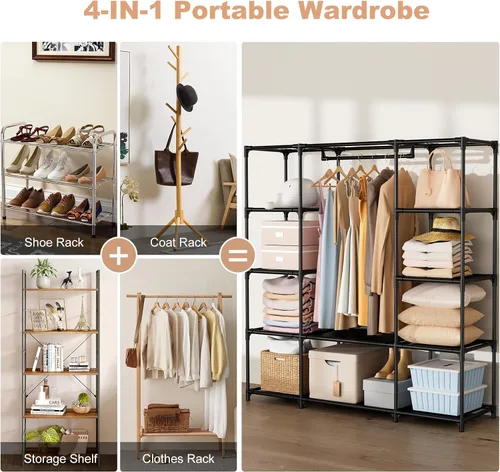 Miniatura 7 de Armario portátil para colgar ropa de 57.3 pulgadas, armario de gran capacidad con tapa, 8 bolsillos y 1 barra para colgar, organizador de armario