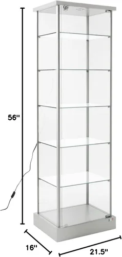 Miniatura 2 de Displays2go Escaparate de torre de cristal, 5 estantes ajustables, ruedas, luz LED, plata (153CPLEDSL)