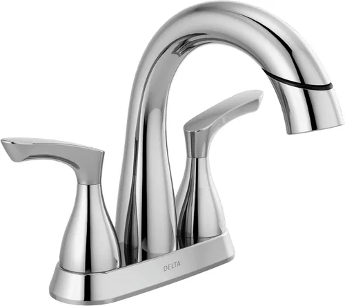 Grifo de baño Delta Broadmoor de centro cromado con rociador, grifo de fregadero de baño de 4 pulgadas y 3 agujeros con rociador extraíble, drenaje