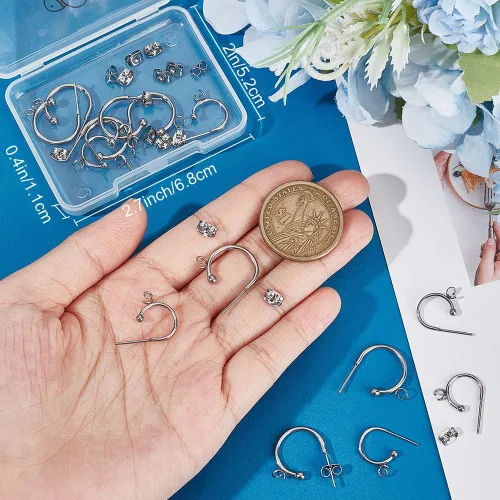 Miniatura 3 de Beebeecraft 1 caja de 20 aretes de aro de 2 tamaños de acero inoxidable con lazo y tuercas para la oreja para hacer joyas de bricolaje Plata