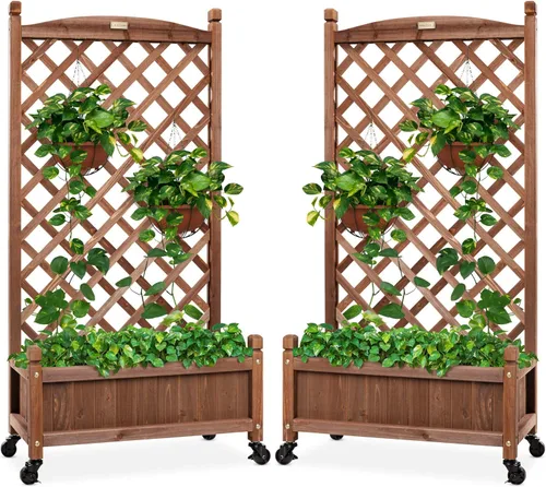 Miniatura 10 de Best Choice Products - Caja de plantación de madera de 48 pulgadas con enrejado de diamante, cama de jardín elevada móvil para plantas trepadoras