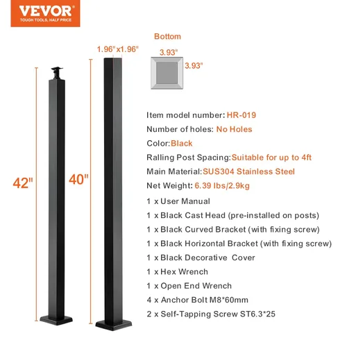 Miniatura 7 de VEVOR Poste de barandilla de cable sin perforar, sin agujeros, 42 x 2 x 2 pulgadas, poste de barandilla de acero inoxidable SUS34 con soporte