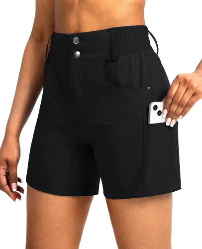 Viodia - Pantalones cortos de senderismo de 5" para mujer, para golf con bolsillos, de cintura alta, elásticos, cargo, pantalones cortos para mujer,