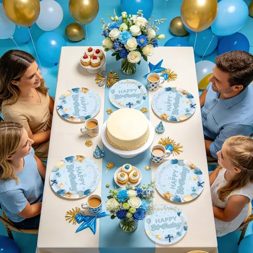 Miniatura 8 de 96 piezas de decoraciones de graduación azules y doradas platos y servilletas desechables de feliz cumpleaños, decoraciones azules y doradas