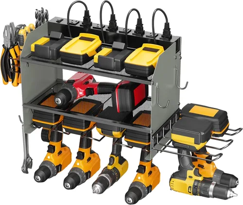 Miniatura 3 de CCCEI Organizador modular de herramientas eléctricas, estación de carga de montaje en pared, soporte amarillo para 6 taladros con regleta